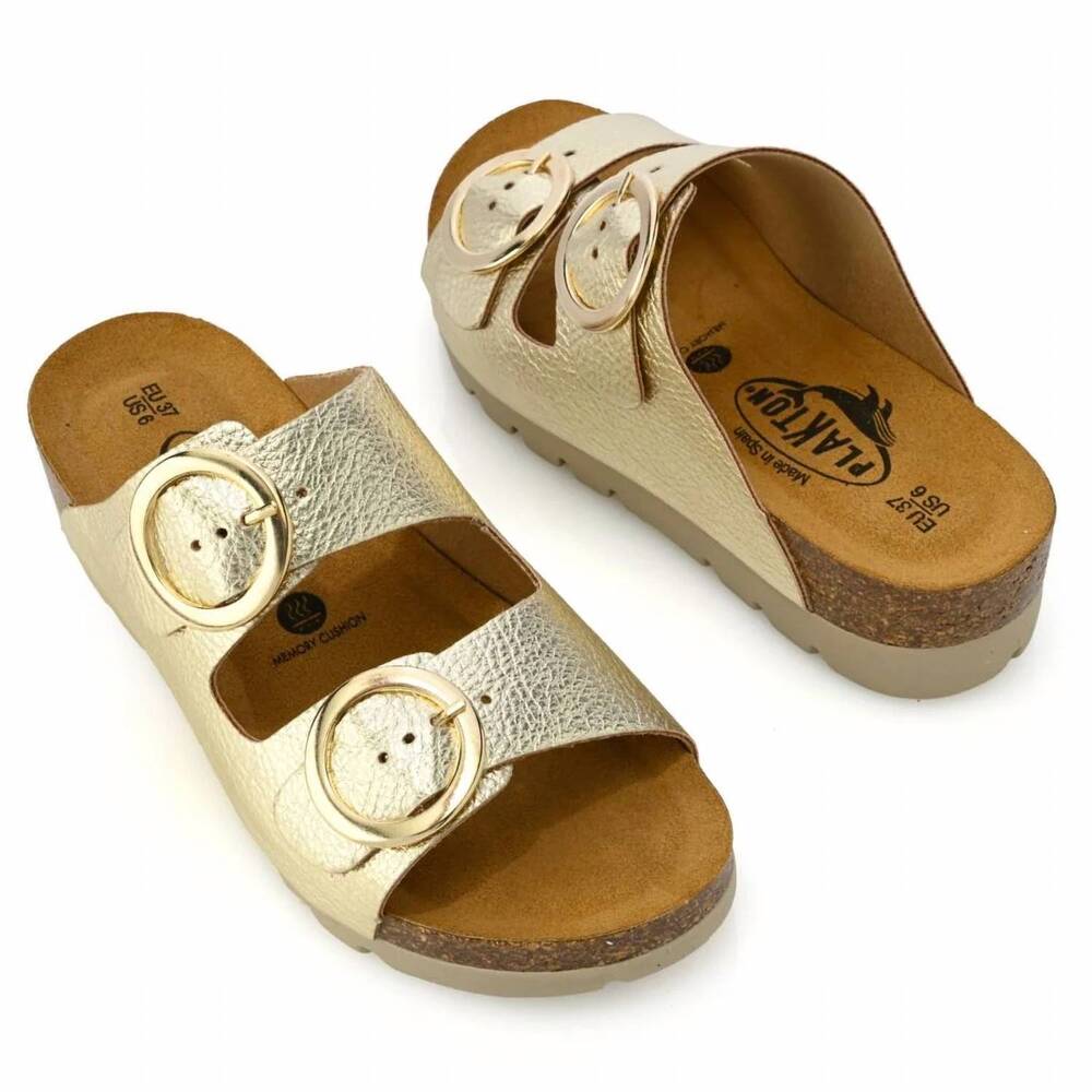 NEW PLAKTON women's cora slide on dual strap adjustable sandals in metallic gold